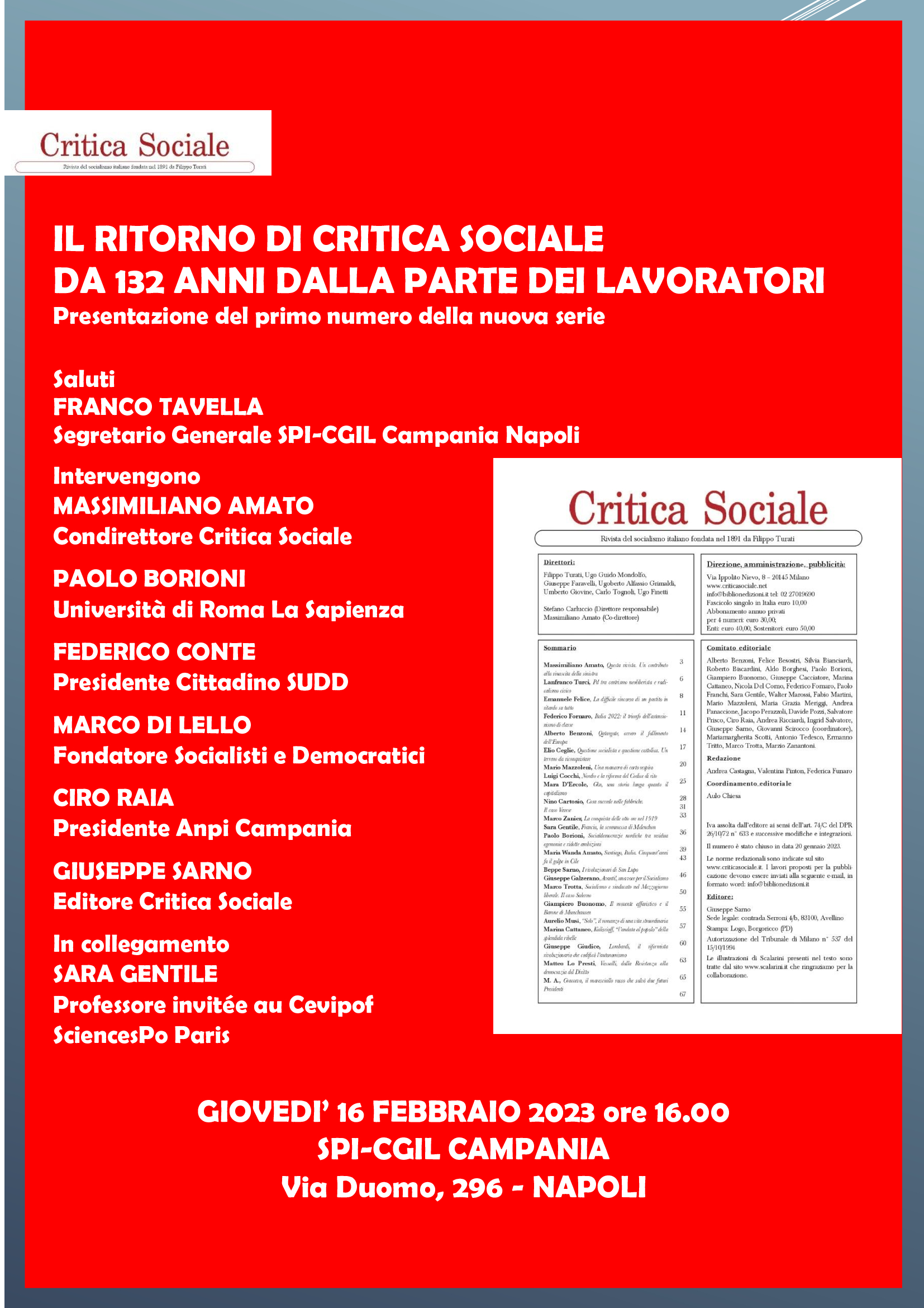 Giovedì 16 febbraio a Napoli la presentazione di Critica Sociale