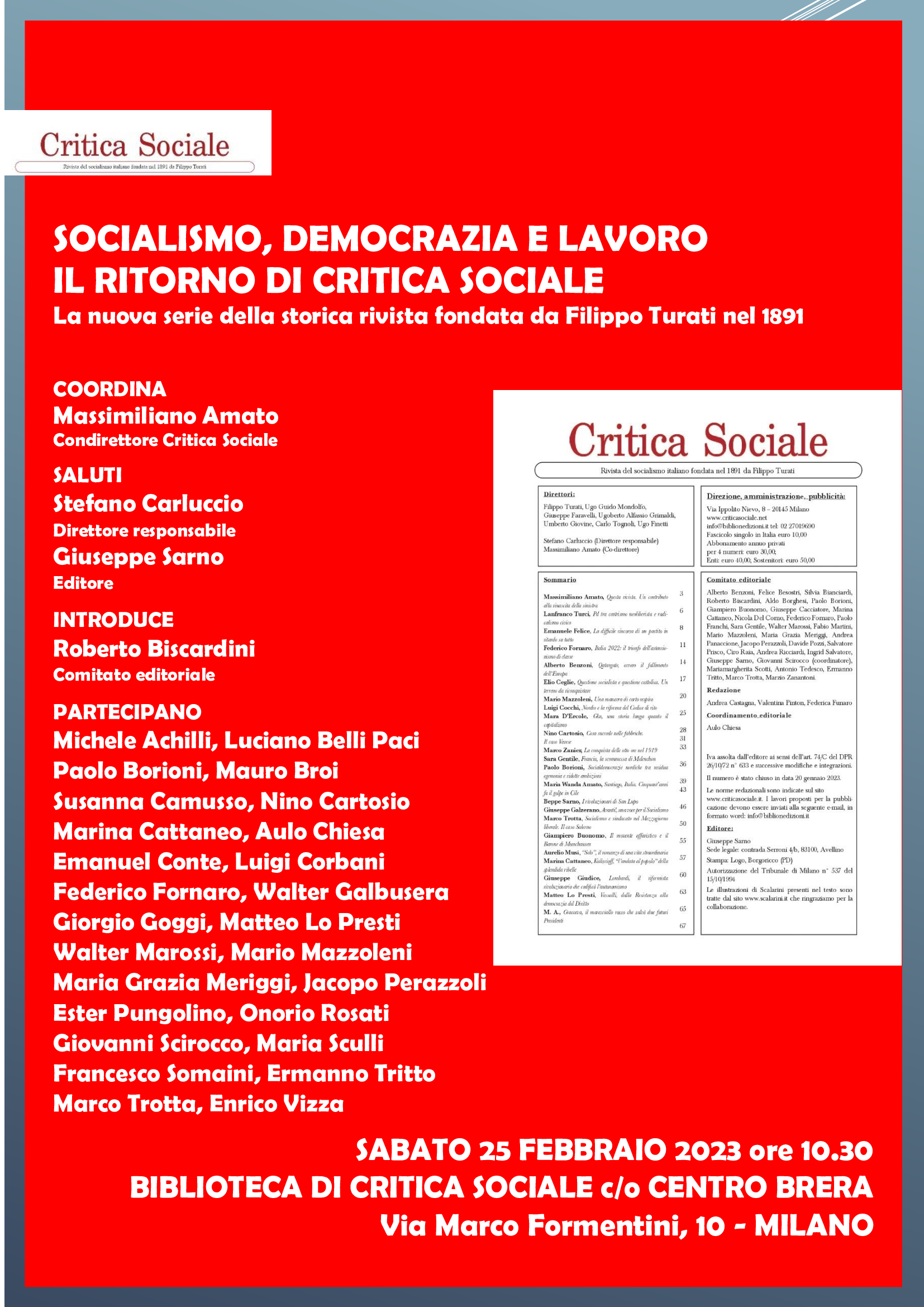 Il 25 febbraio al Centro Brera a Milano la presentazione della nuova Critica Sociale